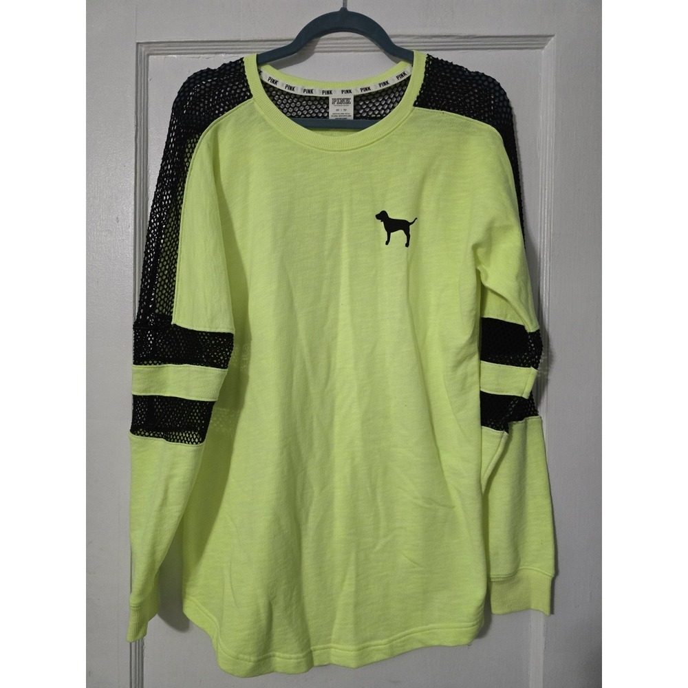 Victorias Secret Pink Graphic NEON Varsity Crew Oversized Mesh Sweatshirt XS